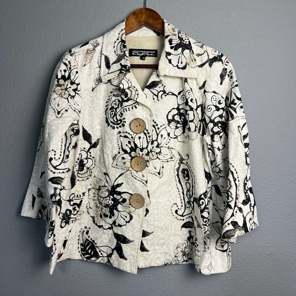 Windridge Cheryl Nash Boho Floral Linen Jacket‎ Wooden Buttons Whimsical Size M
